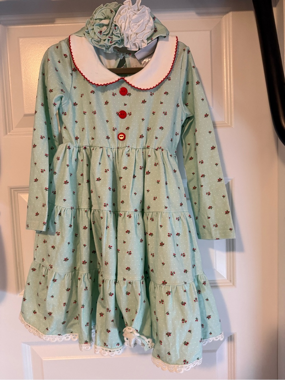 Girls' Mint Floral Tiered Long-Sleeve Dress with White Peter Pan Collar